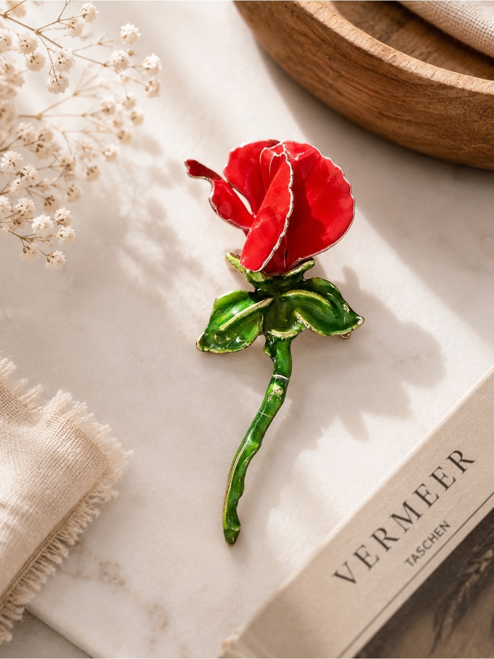 Vintage Red Rose Enamel Brooch Pin Romantic Floral Gold Tone Statement Jewelry
